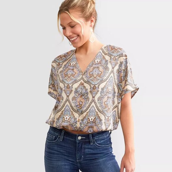 Daytrip Tops - Daytrip Bohemian Paisley Print Dolman Top Large Blue Brown